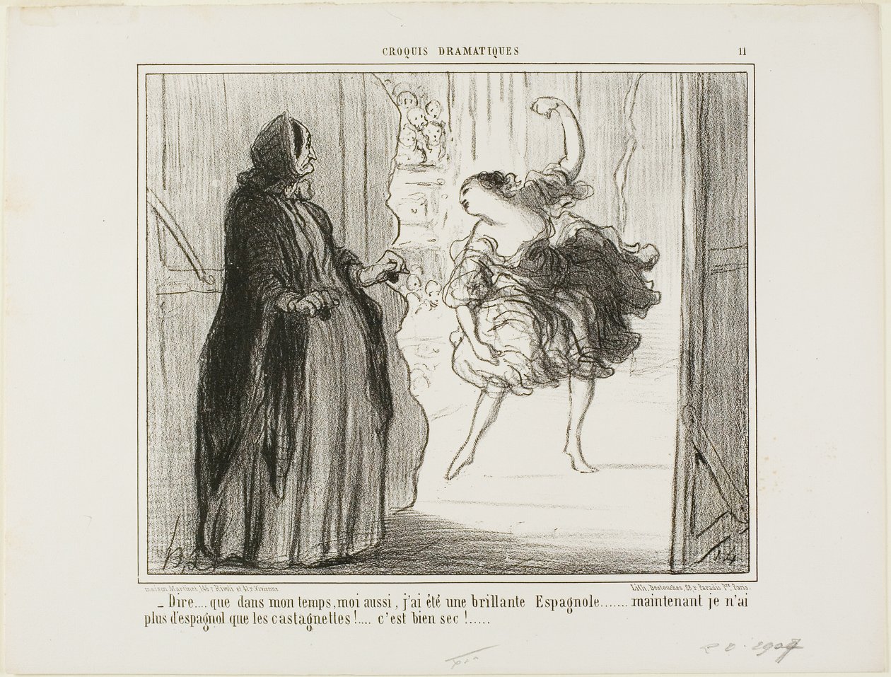 "- É difícil imaginar que no meu tempo também fui um aclamado bailarino espanhol... hoje em dia só as minhas castanholas são espanholas... que chatice...", chapa 11 de Croquis Dramatiques de Honoré Victorin Daumier
