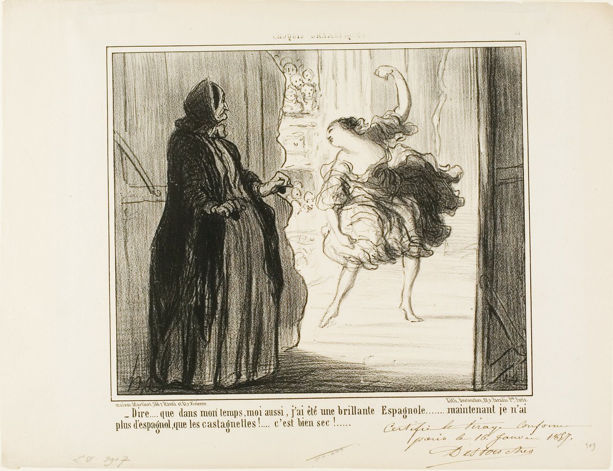 "- É difícil imaginar que no meu tempo também fui um aclamado bailarino espanhol... hoje em dia só as minhas castanholas são espanholas... que chatice...", chapa 11 de Croquis Dramatiques de Honoré Victorin Daumier