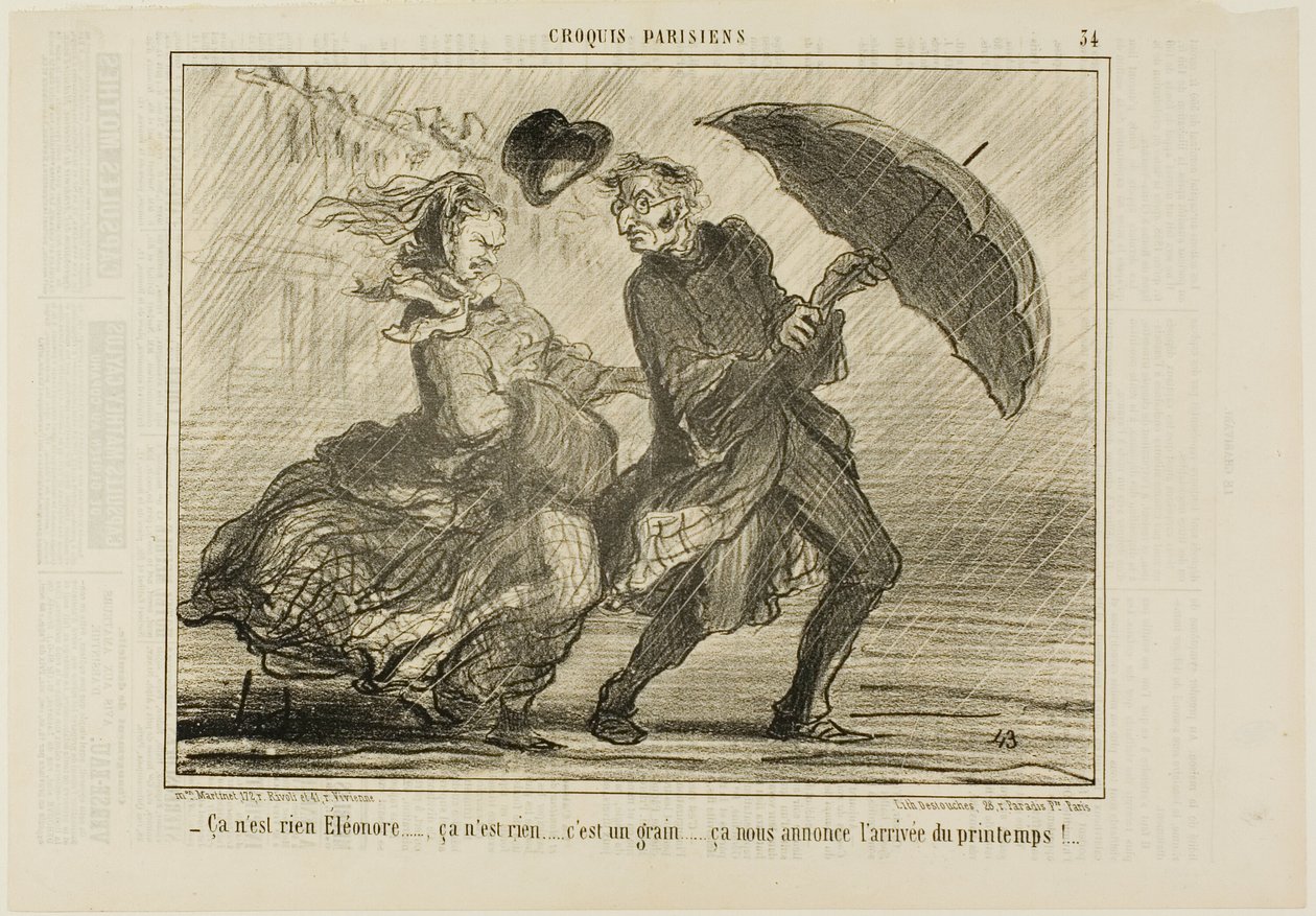 "- Não te preocupes, Eleonore... não é nada, é apenas um pequeno vento que anuncia a chegada da primavera", placa 34 de Croquis Parisiens de Honoré Victorin Daumier