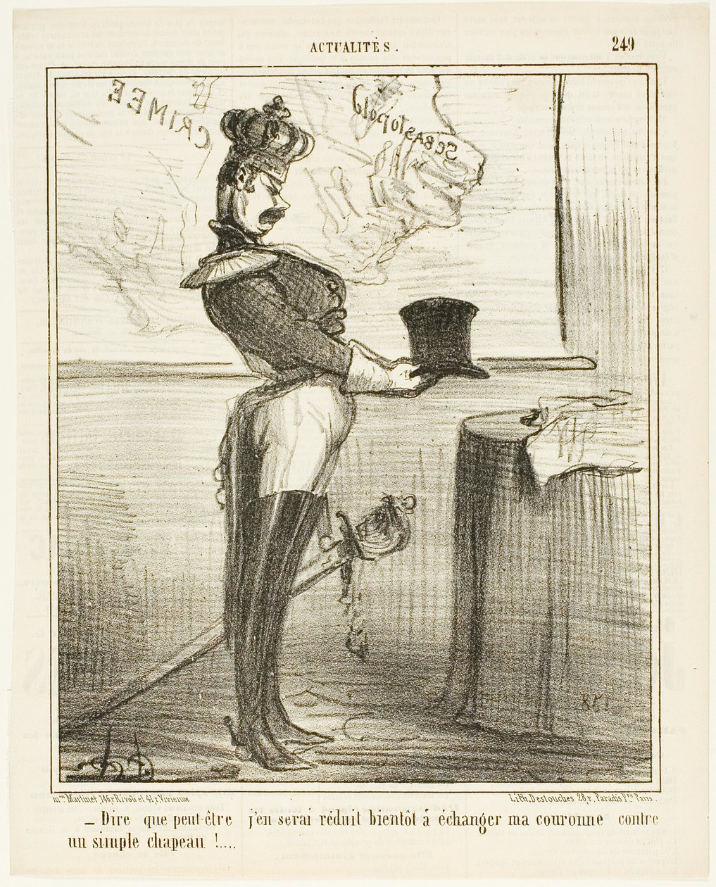 "- É difícil imaginar que um dia possa ter de trocar a minha coroa por um simples chapéu", placa 249 do Actualités de Honoré Victorin Daumier