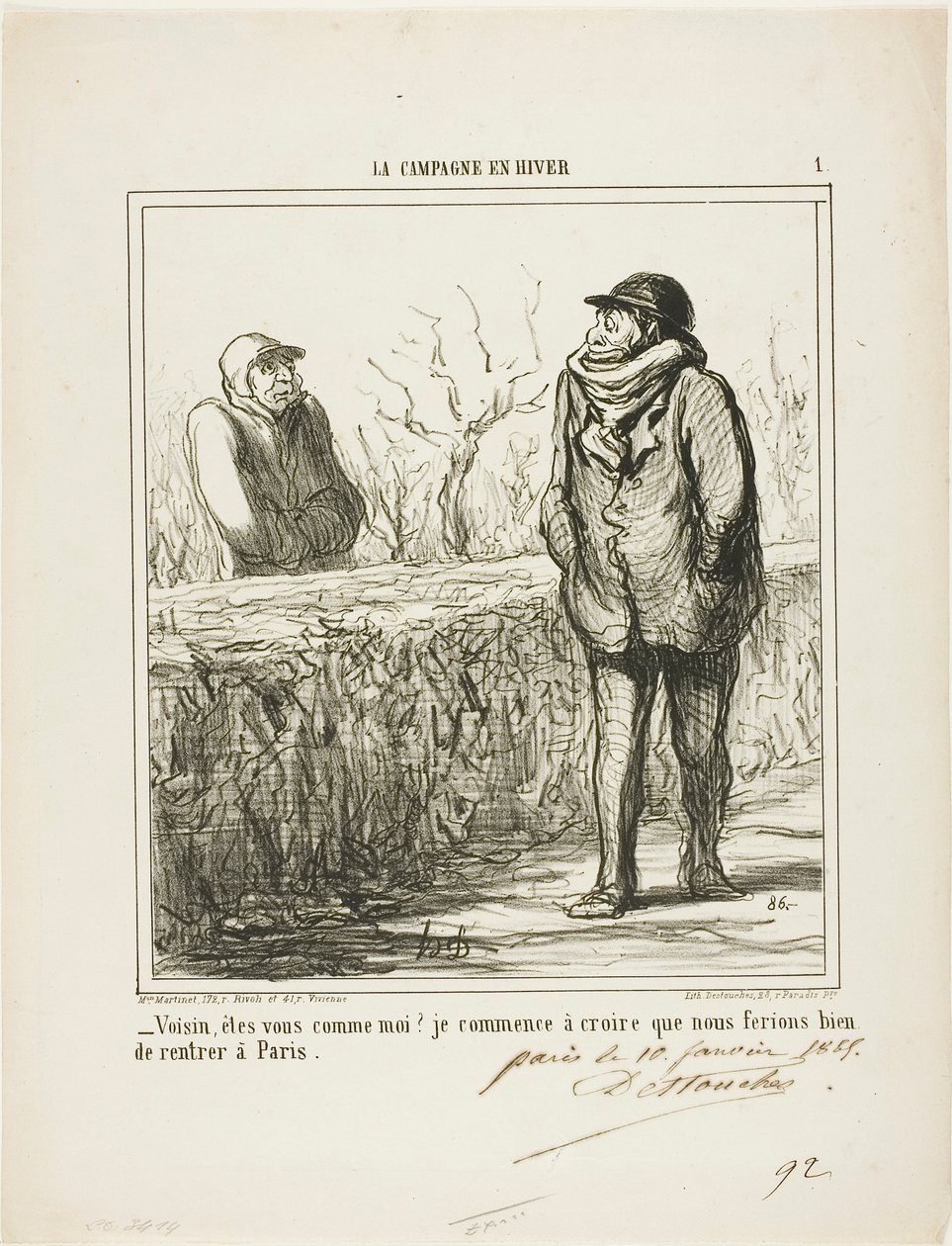 "- Olá, vizinho, és como eu Começo a pensar que faríamos bem em regressar a Paris", chapa 1 de La Campagne En Hiver de Honoré Victorin Daumier