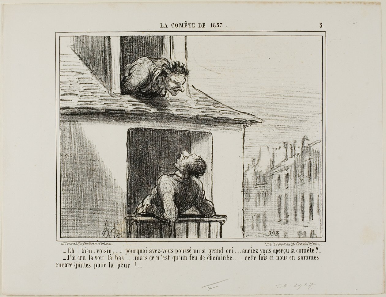 "- Olá, vizinho... que gritaria foi esta... viste o cometa - Pensei que o tinha visto ali... mas depois era apenas o fogo de uma chaminé... desta vez escapámos sem mais do que um susto", chapa 3 de La Cométe De 1857 de Honoré Victorin Daumier