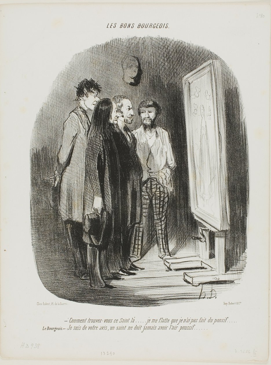 "- Como é que se encontra este santo aí.... Tentei não o fazer parecer demasiado convencional.... O burguês: - Estou de acordo, um santo nunca deve ter um aspeto de pouco tempo", placa 80 de Les Bons Bourgeois de Honoré Victorin Daumier