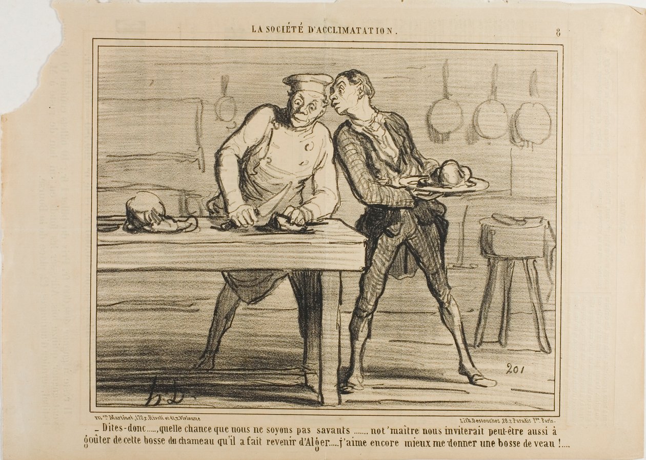 "- Ainda bem que não somos cientistas, senão o Monsieur também nos convidava a provar essa corcunda de camelo que mandou vir da Argélia... Preferia comer uma corcunda de vitela!", prato 8 de La Sopciété D