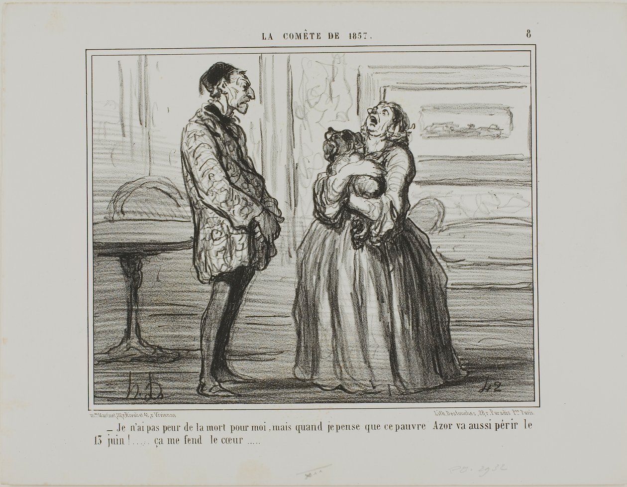 "- Não tenho medo por mim, mas se penso no pobre Azor que vai morrer no dia 13 de junho... fico de coração partido", placa 8 de La Cométe De 1857 de Honoré Victorin Daumier