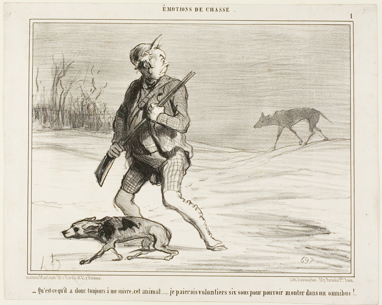 "- Pergunto-me porque é que esta besta me segue a toda a hora... Pagarei de bom grado 6 sous para entrar num autocarro", placa 1 de Émotions De Chasse de Honoré Victorin Daumier