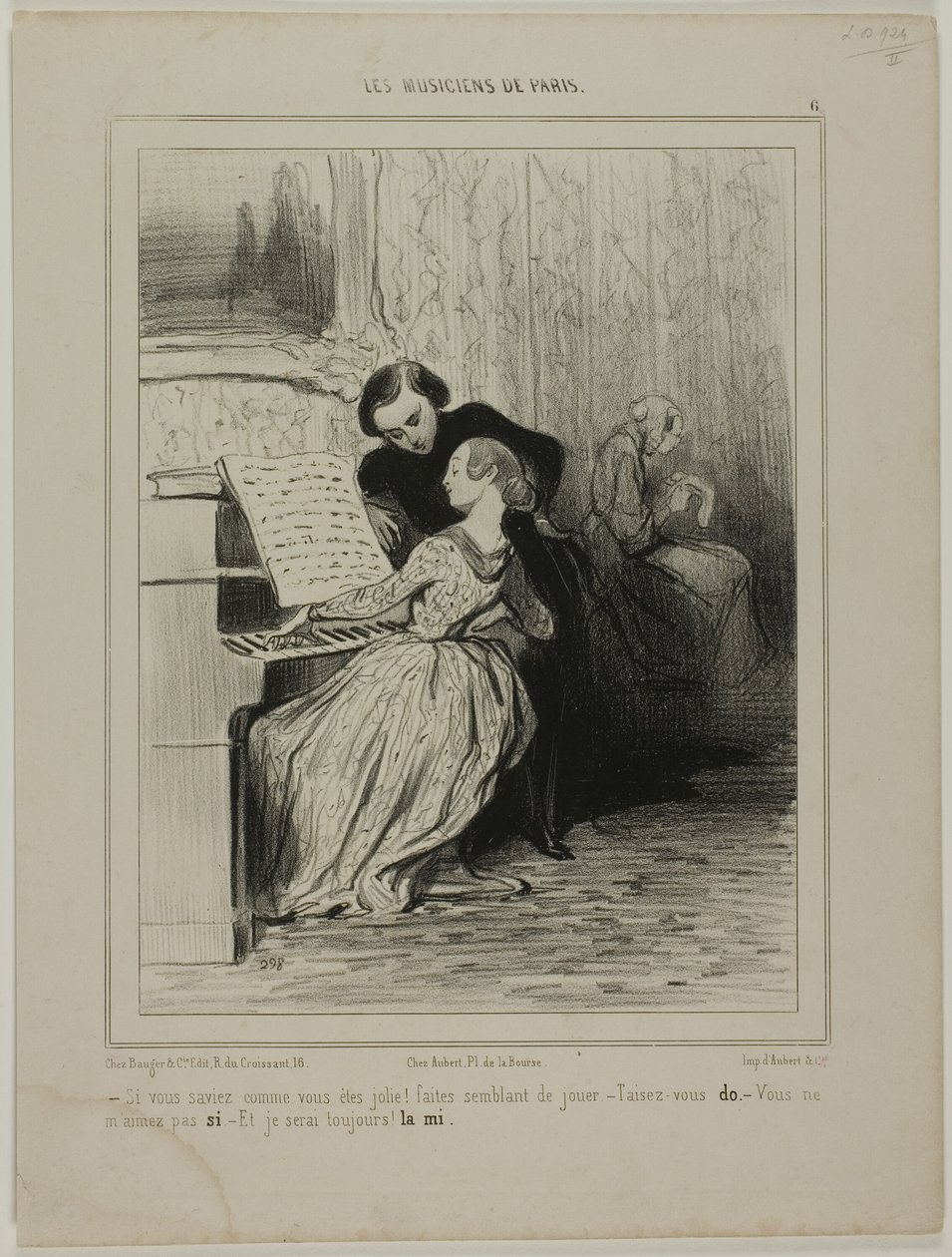 "- Se tu soubesses como és bonita!... Faz de conta que estás a brincar! - Pára com isso... DO - Tu não me amas!...SO - Eu serei sempre tua. ... MI", placa 6 de Les Musiciens De Paris de Honoré Victorin Daumier