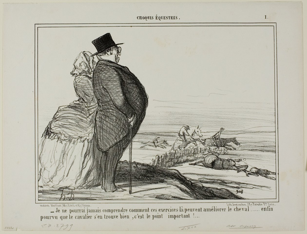 "- Nunca vou perceber como é que estes exercícios são supostos melhorar a condição de um cavalo..... a única coisa que realmente conta é que o cavaleiro se sinta bem," placa 1 de Croquis Équestres de Honoré Victorin Daumier