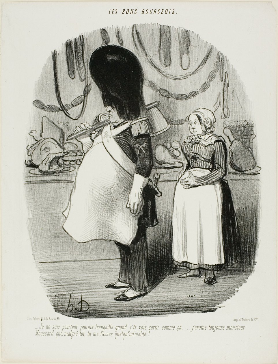 "- Nunca fico calmo quando o vejo sair assim... Tenho sempre medo, Monsieur Moussard, que sejais infiel", placa 67 de Les Bons Bourgeois de Honoré Victorin Daumier