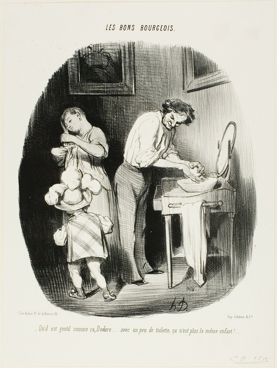 "- Não é bonito assim, Dodore... com um pouco de limpeza, já não é a mesma criança!...", chapa 37 de Les Bons Bourgeois de Honoré Victorin Daumier