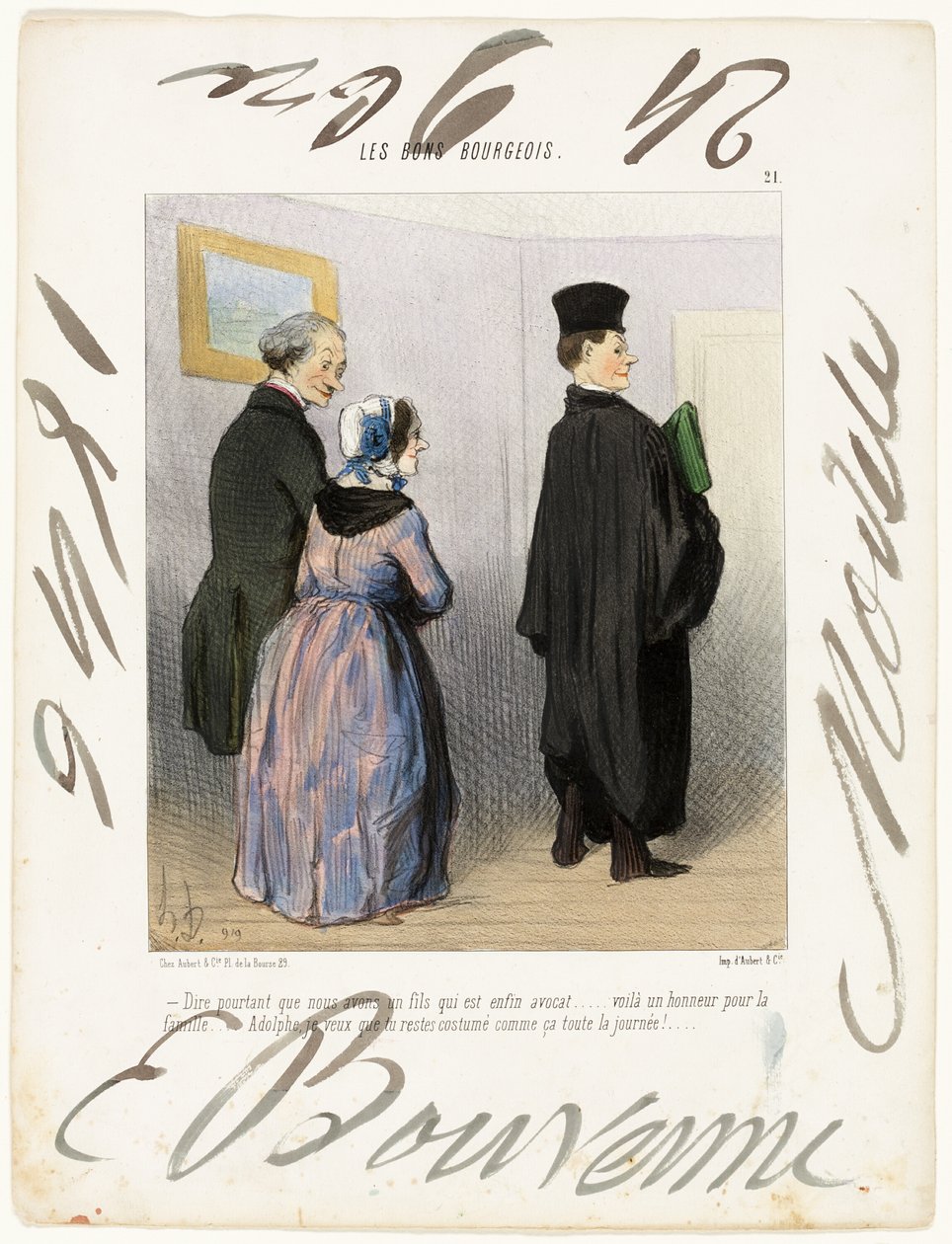"- Não é maravilhoso ter um filho advogado... que honra para a família... Adolfo, quero que fiques vestido assim o dia todo!...", chapa 21 de Les Bons Bourgeois de Honoré Victorin Daumier