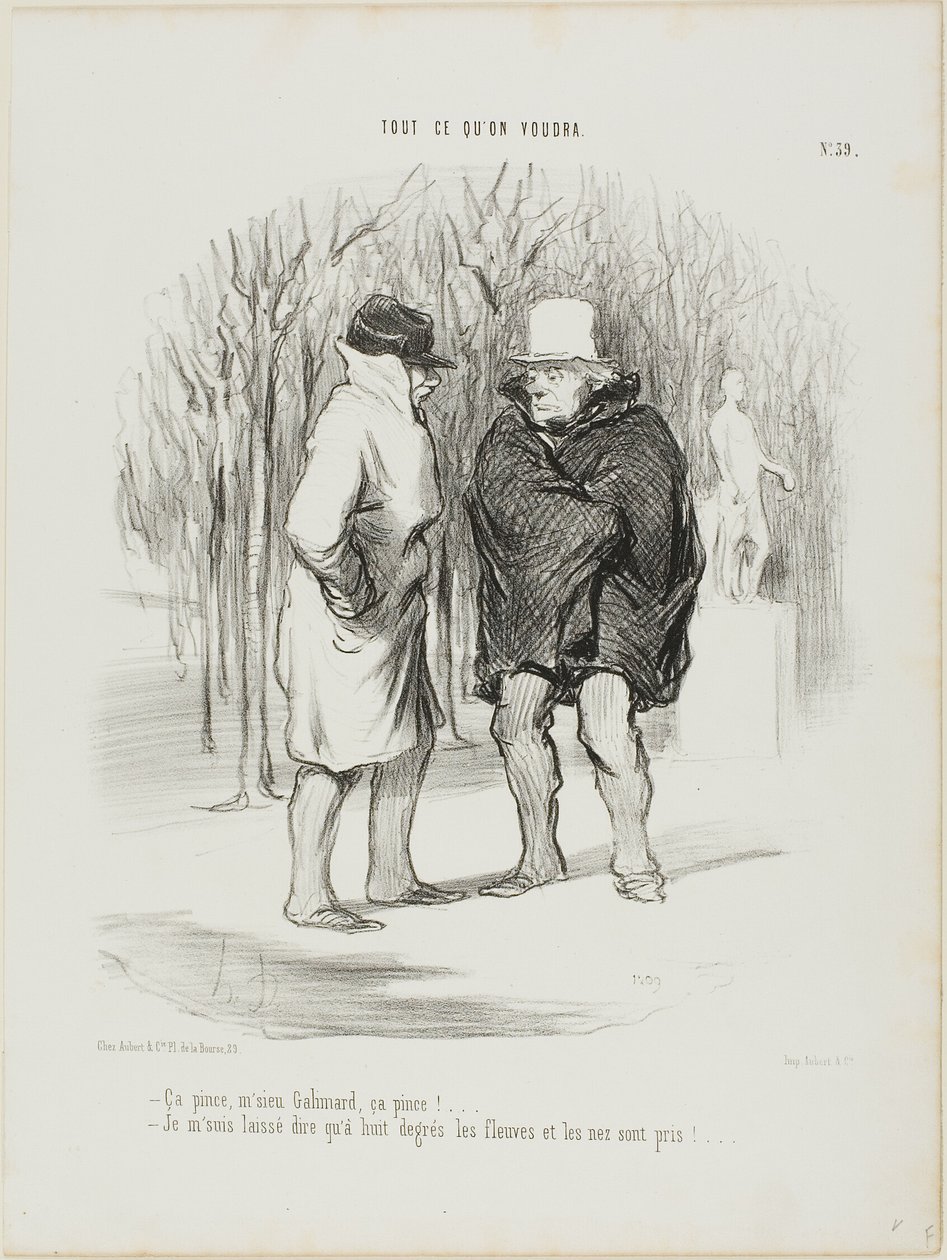 "- Está um frio de rachar, Sr. Galimard, está um frio de rachar!... - Permita-me que lhe diga que a 8 graus os rios e os narizes estão gelados...", chapa 39 de Tout Ce Qu