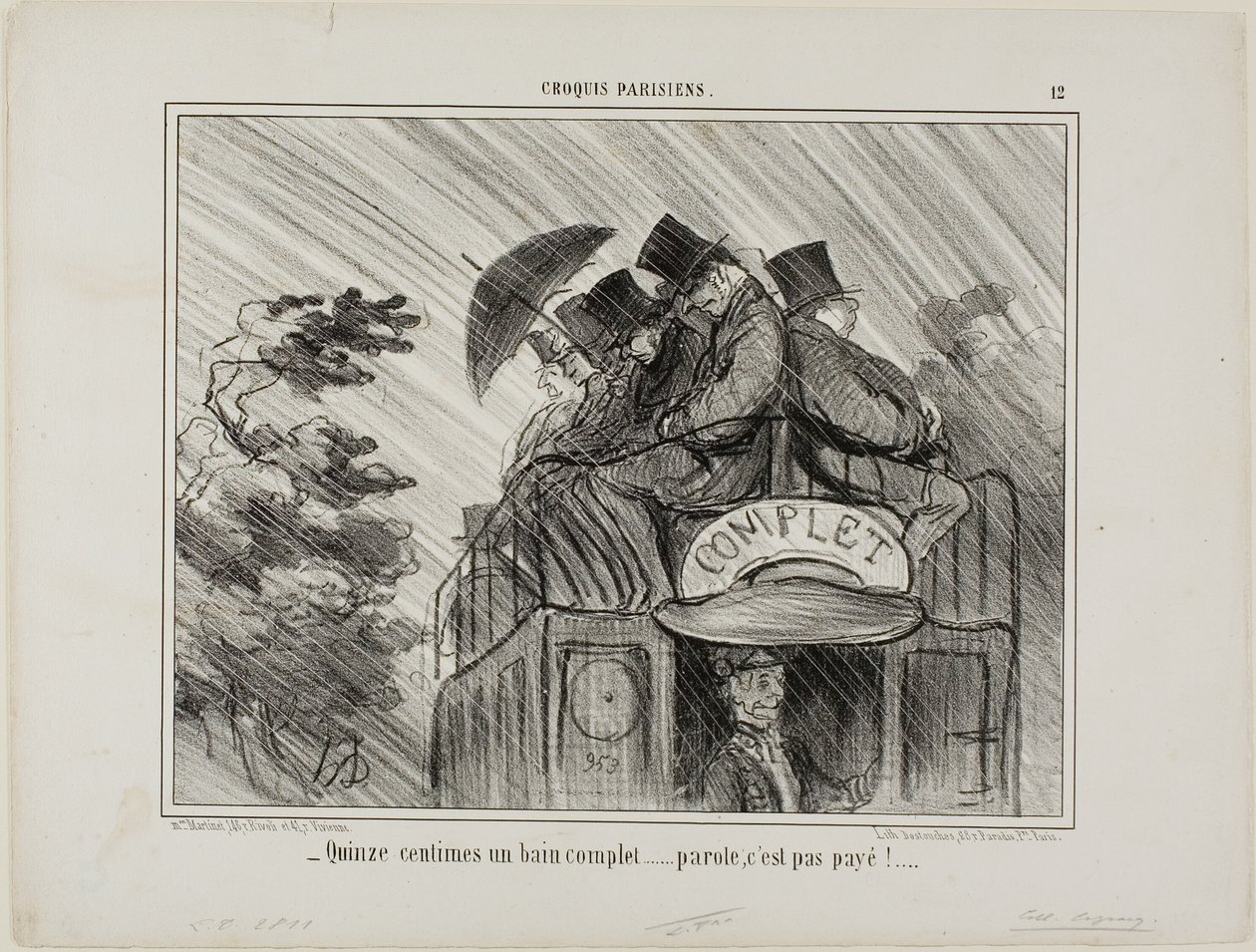 "- Apenas 15 cêntimos por um banho completo.... que negócio!", placa 12 de Croquis Parisiens de Honoré Victorin Daumier