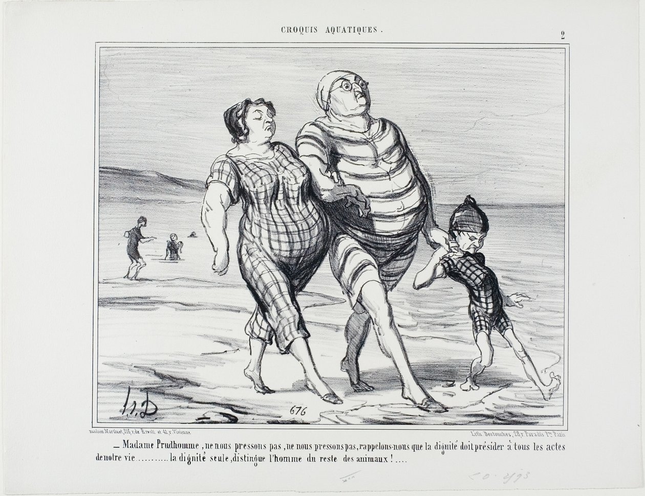 "- Senhora Prudhomme, não nos apressemos, recordemos que a dignidade deve presidir a todos os actos da vida... só a dignidade distingue o homem do resto dos animais", placa 2 de Croquis Aquatiques de Honoré Victorin Daumier