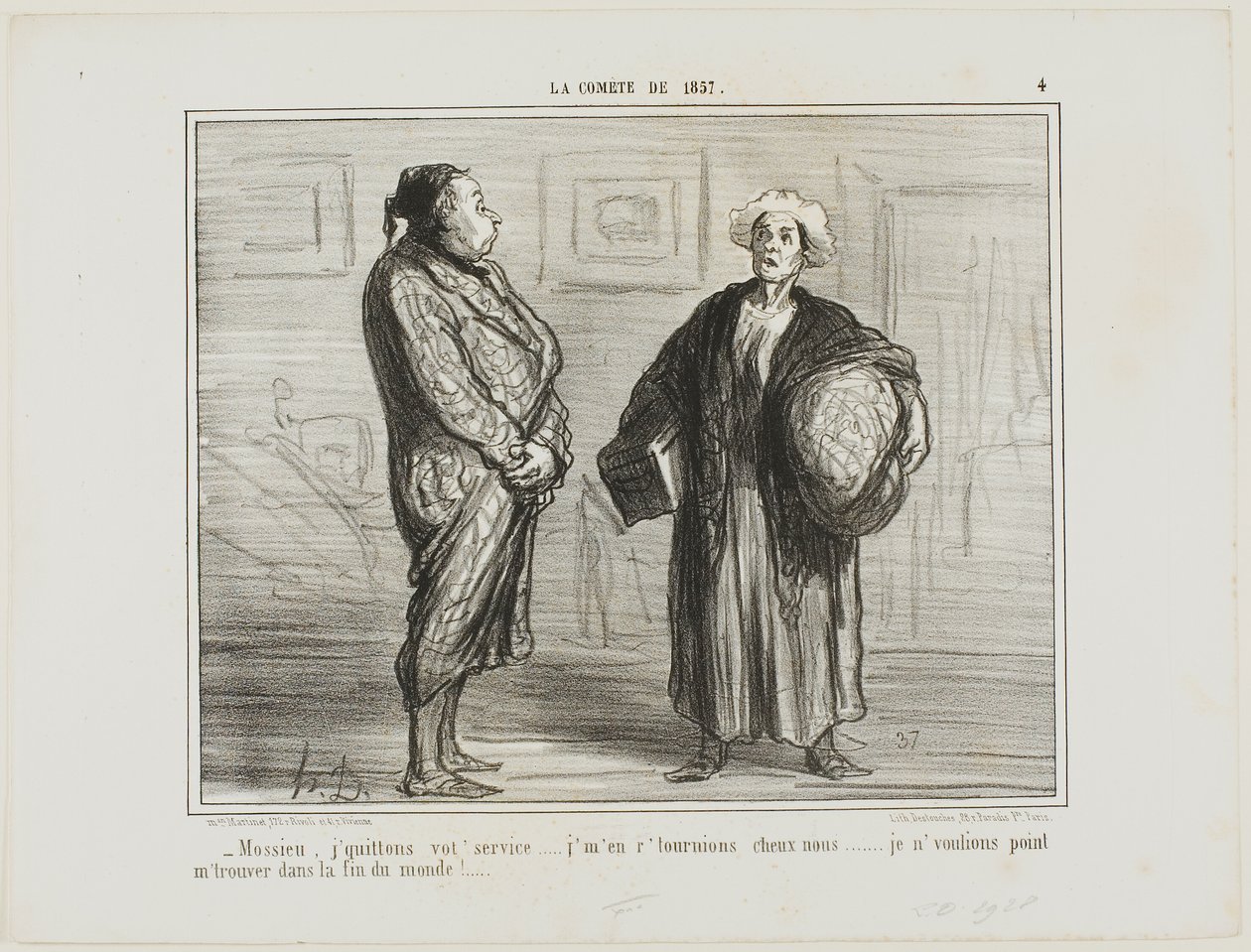 "- Monsieur, demito-me do seu serviço, vou para casa... Não quero estar aqui quando o mundo acabar", placa 4 de La Cométe De 1857 de Honoré Victorin Daumier