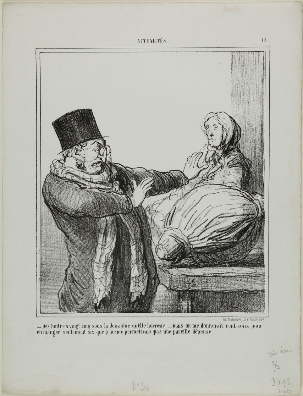 "- Ostras a 25 sous a dúzia, horrível!... Mesmo que me dessem 100 sous para comer meia dúzia, não me permitiria tal despesa", prato 18 de Actualités de Honoré Victorin Daumier