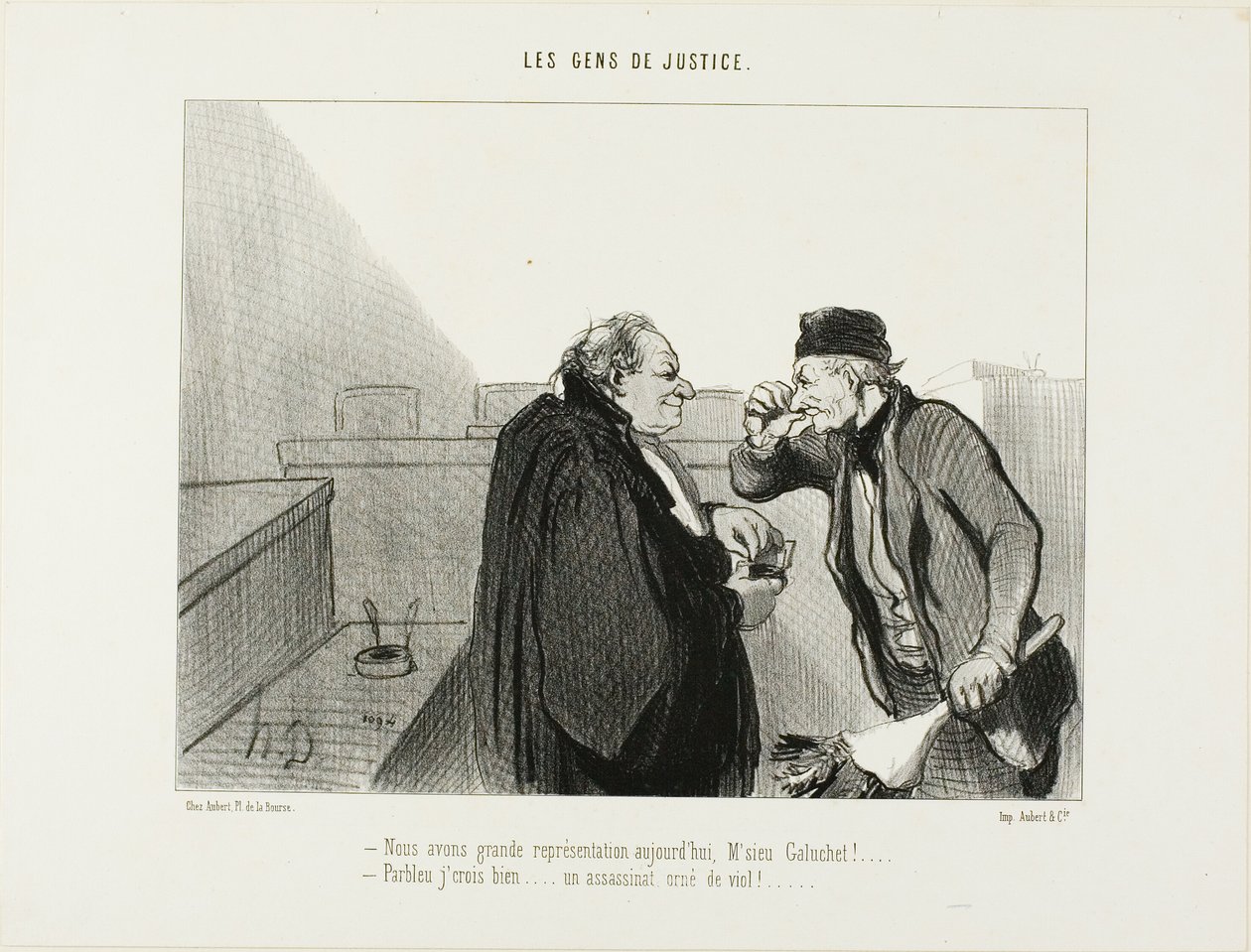 "- Hoje deve ser um grande espetáculo, Sr. Galuchet... - Acho que sim... Um caso de homicídio com uma violação...", placa 31 de Les Gens De Justice de Honoré Victorin Daumier