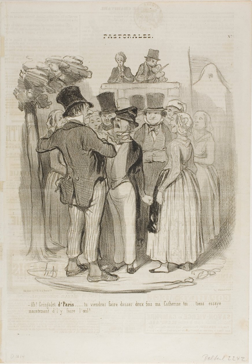 "- Então, Gringalet de Paris!.... dançarás duas vezes com a minha Catherine ...... tenta agora fazer-lhe olhinhos de ovelha", placa 27 de Pastorales de Honoré Victorin Daumier