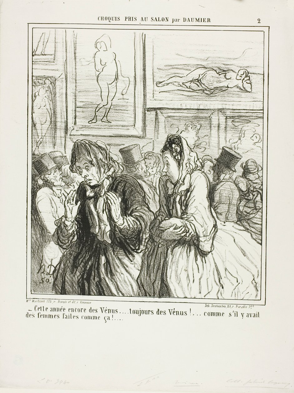 "- Ainda mais Vénus este ano... sempre Vénus!... como se houvesse mulheres assim!", chapa 2 de Croquis Pris Au Salon par Daumier de Honoré Victorin Daumier