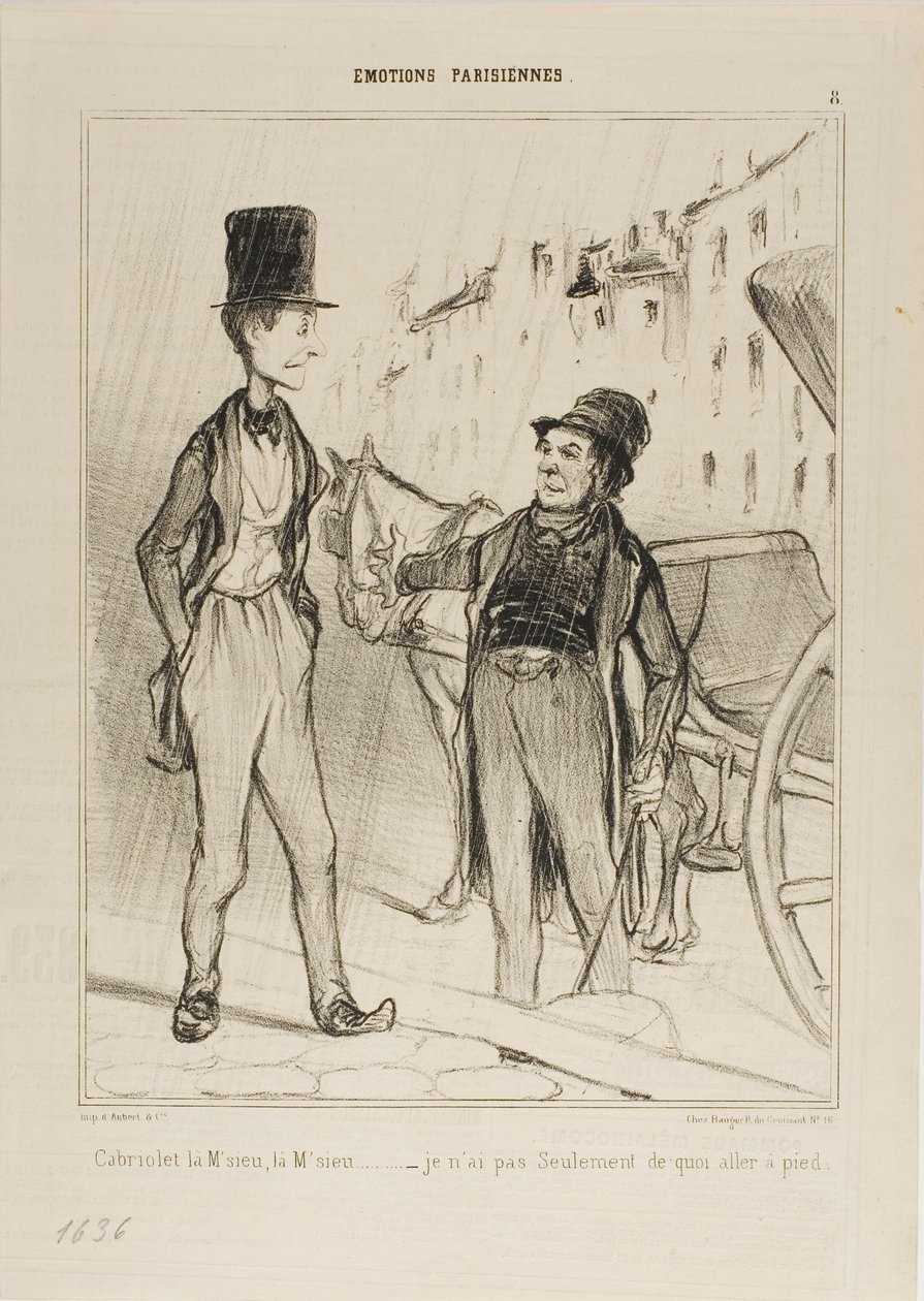 "- Taxi Monsieur Táxi - Nem sequer tenho o suficiente para andar", prato 8 de Émotions De Parisiens de Honoré Victorin Daumier