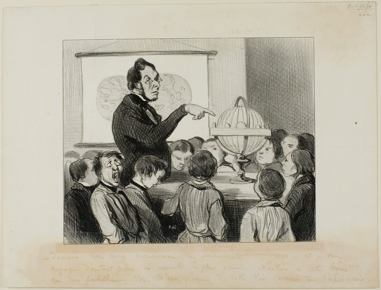 "- Amanhã vamos estudar Saturno. Quero que prestem especial atenção a este grande planeta.... que, muito provavelmente, nunca na vossa vida terão a oportunidade de ver!", placa 18 de Professeurs Et Moutards de Honoré Victorin Daumier