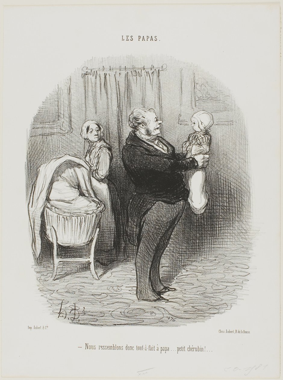 "- Parecemo-nos mesmo com o papá, não é... pequeno Querubim!", prato 14 de Les Papas de Honoré Victorin Daumier
