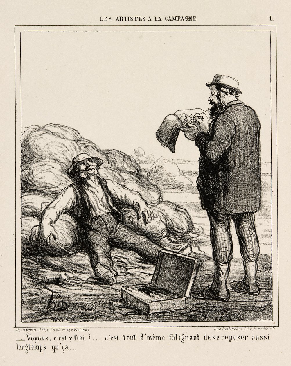 "- Bem, já acabaram... afinal é cansativo relaxar durante tanto tempo", placa 1 de Les Artistes A La Campagne de Honoré Victorin Daumier