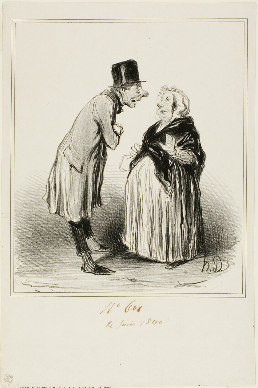 "- Bem, sim, é verdade, a filha de Mame Chopin casou-se ontem com o filho de Durand. Acabo de falar com o jovem e, pelo que ele me disse (em total confidência), ela deve ter tido alguns estranhos antes dele...", placa 6 de Les Parisiens de Honoré Victorin Daumier
