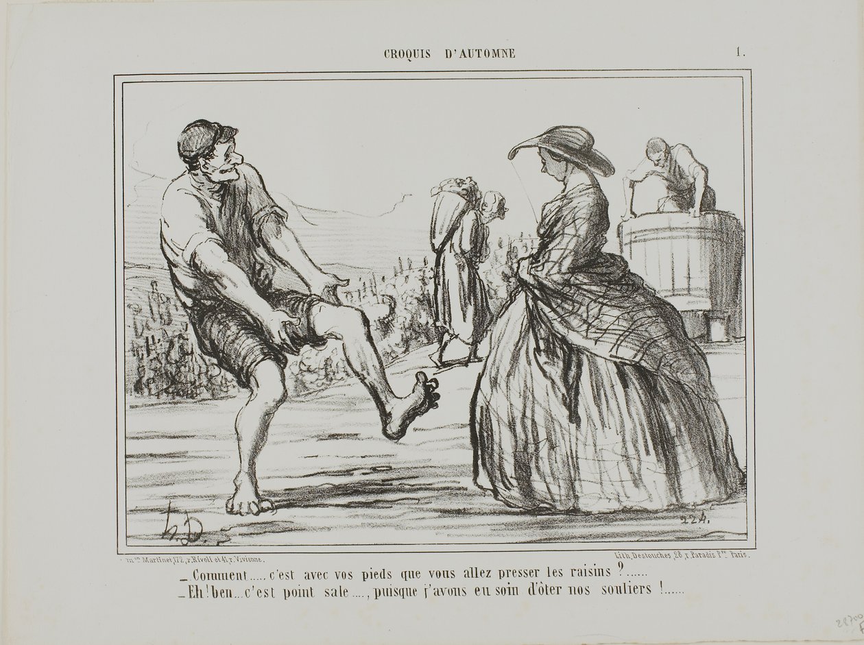 "- O quê estás a pisar as uvas com os pés... - Claro, e não está nada sujo... desde que tirei os sapatos!", placa 1 de Croquis D