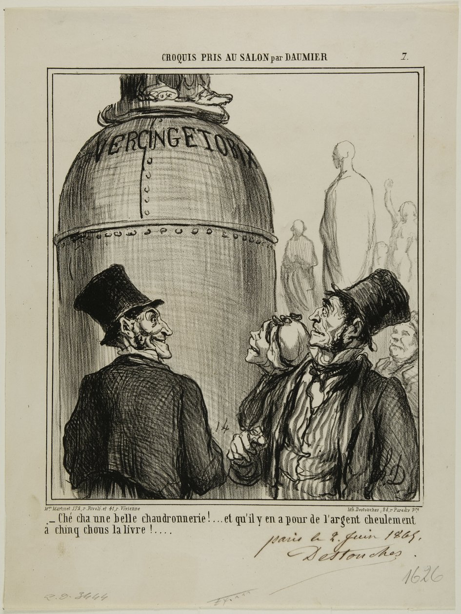 "- Sim... é a isto que eu chamo um trabalho esplêndido.... e por apenas cinco sous por quilo... o seu dinheiro vale mesmo a pena!", prato 7 de Croquis Pris Au Salon par Daumier de Honoré Victorin Daumier