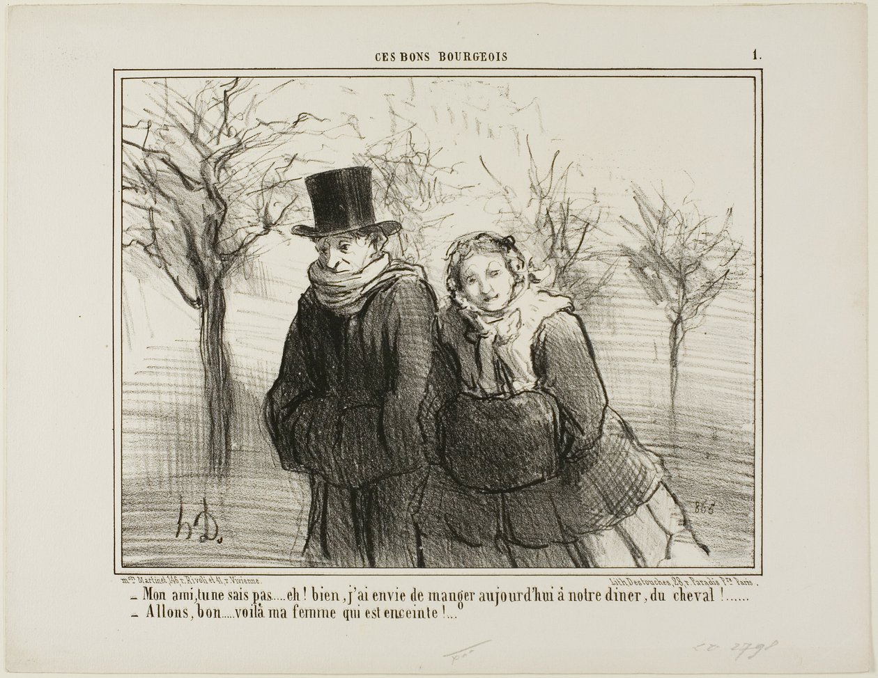 "- Sabes, minha querida, não vais acreditar nisto, mas acho que adoraria comer carne de cavalo ao jantar esta noite! - Lá vamos nós.... a minha mulher deve estar grávida!", prato 1 de Ces Bons Bourgeois de Honoré Victorin Daumier