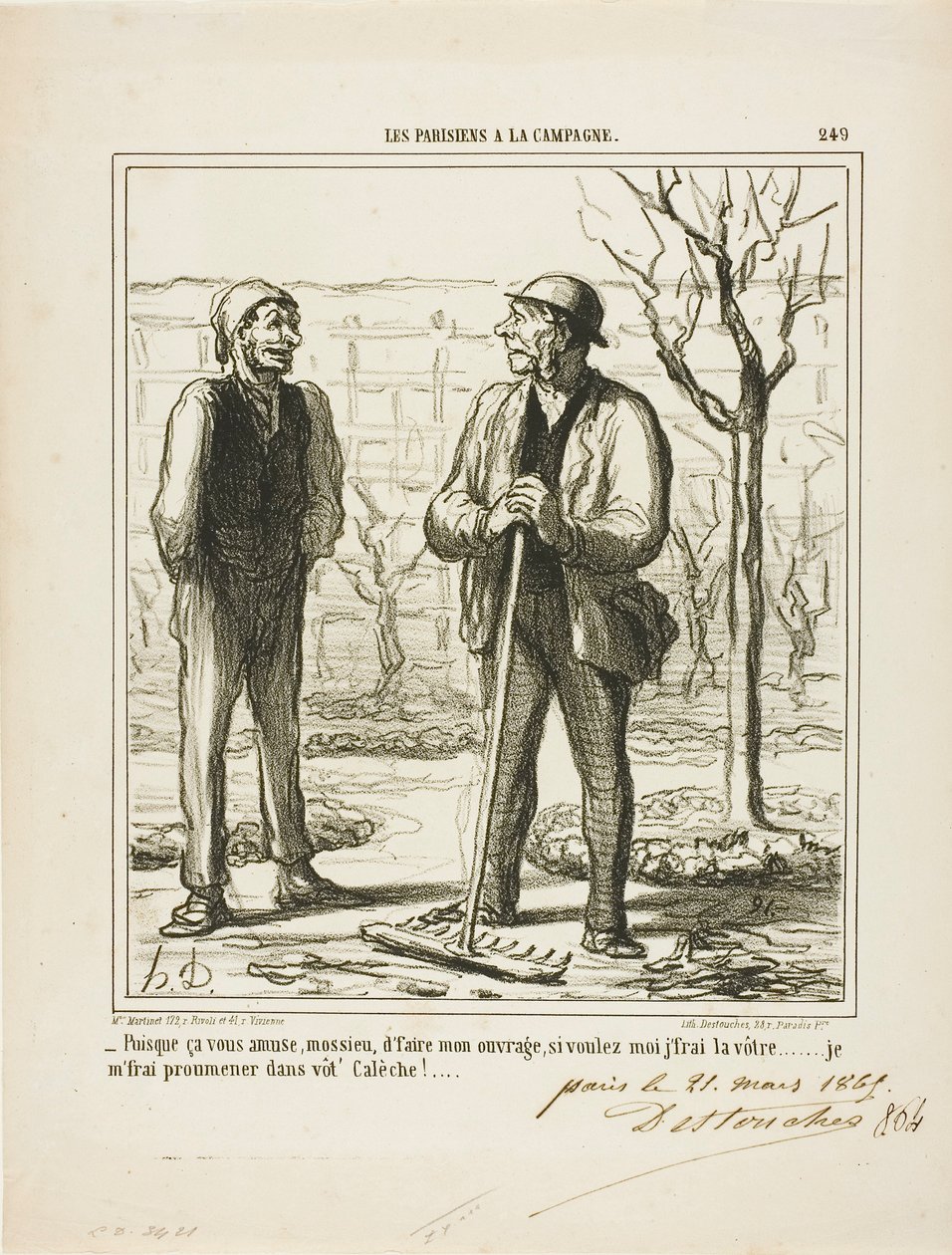"- Parece gostar de fazer o meu trabalho. Em troca, poderia oferecer-me para fazer o seu trabalho: Vou dar uma volta na sua carruagem!", placa 249 de Les Parisiens A La Campagne de Honoré Victorin Daumier