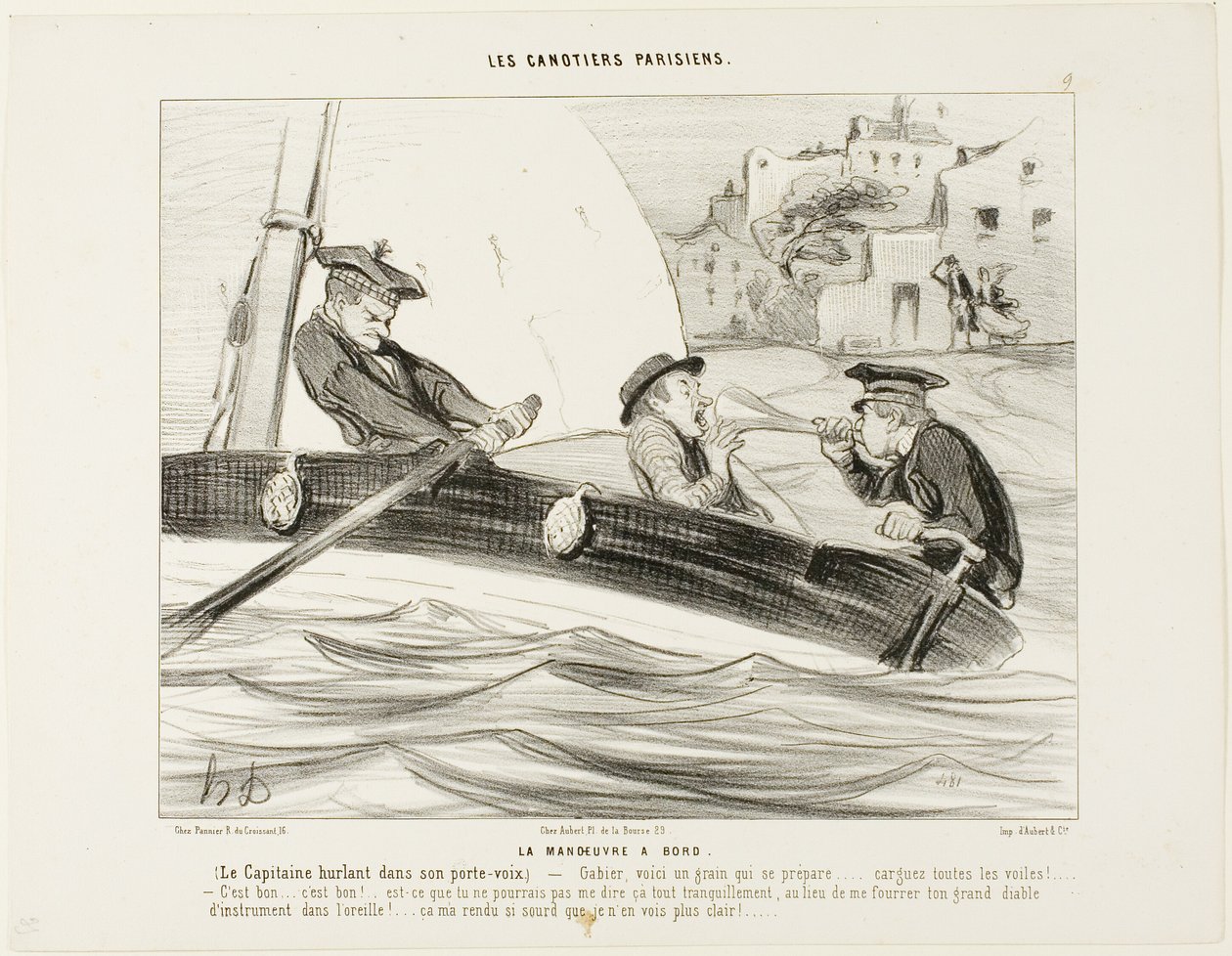 Uma manobra de barco. O capitão grita com o seu trompete: "- Gabier! Está a formar-se uma tempestade, preparem-se! ..... Içar todas as velas!... Isso é bom:.... muito bom! - Porque é que não me disse isso calmamente em vez de me espetar esse instrumento en de Honoré Victorin Daumier