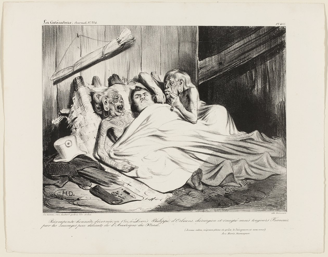 Uma recompensa justa oferecida em 1800 pelos selvagens não rudes da América do Norte a Louis-Philippe de Orléans, cirurgião e expatriado, mas ainda francês. (Eu vos saúdo, graciosa Senhora Negra, o Senhor está convosco.) Uma Ave Maria Namaquan, placa 466 de Honoré Victorin Daumier
