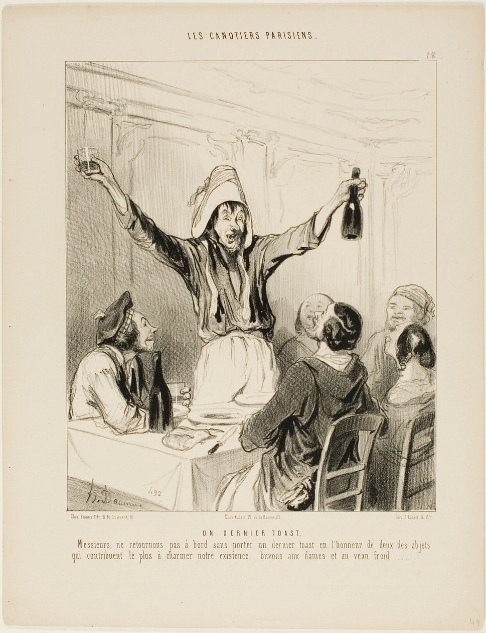 Um último brinde! "Cavalheiros, não regressemos a bordo sem um último brinde em honra das duas coisas que, acima de tudo, dão encanto às nossas vidas... brindemos às senhoras e à vitela fria!", prato 18 de Les Canotiers Parisiens de Honoré Victorin Daumier