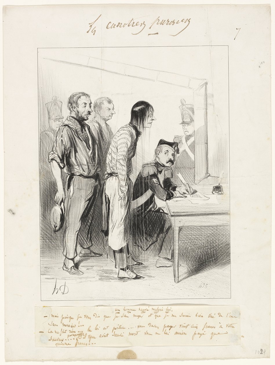 Um homem salvo contra a sua vontade, prato sete de Les Canotiers Parisiens de Honoré Victorin Daumier