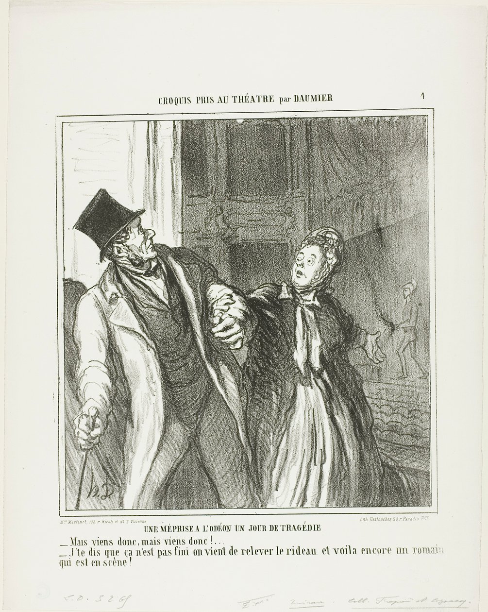 Um mal-entendido no Odeon, num dia de drama. "- Vamos lá, vamos lá! - Estou a dizer-vos que ainda não acabou. O pano voltou a subir e ainda há Roman no palco", chapa 4 de Croquis Pris Au Théatre par Daumier de Honoré Victorin Daumier