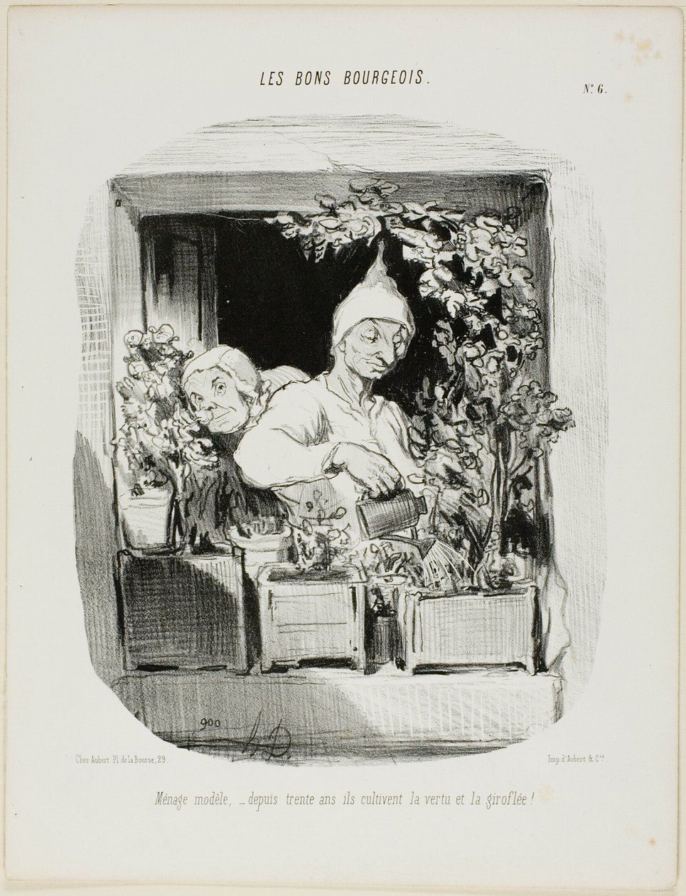 Um casamento exemplar: Há trinta anos que cultivam a virtude e os cravos, prato 6 de Les Bons Bourgeois de Honoré Victorin Daumier