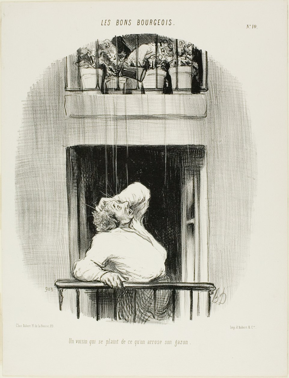 Um vizinho que se queixa da rega do seu relvado, prato dez de Les Bons Bourgeois de Honoré Victorin Daumier