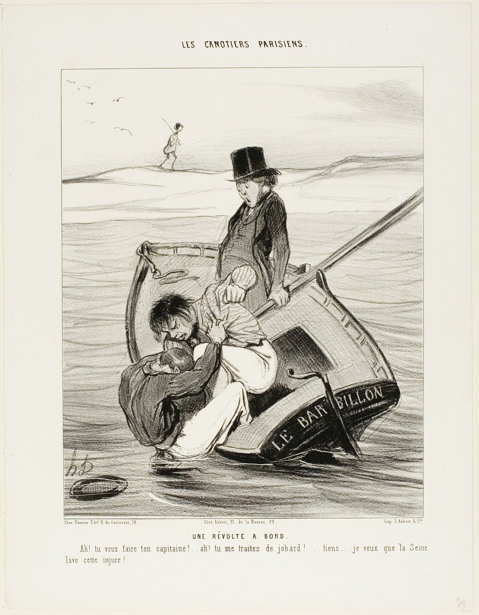 Uma revolta a bordo. "- Ah! queres ser o teu próprio capitão!... - Ah! estás a tratar-me como um idiota... ei... Espero que o Sena lave esse insulto!", chapa 13 de Les Canotiers Parisiens de Honoré Victorin Daumier