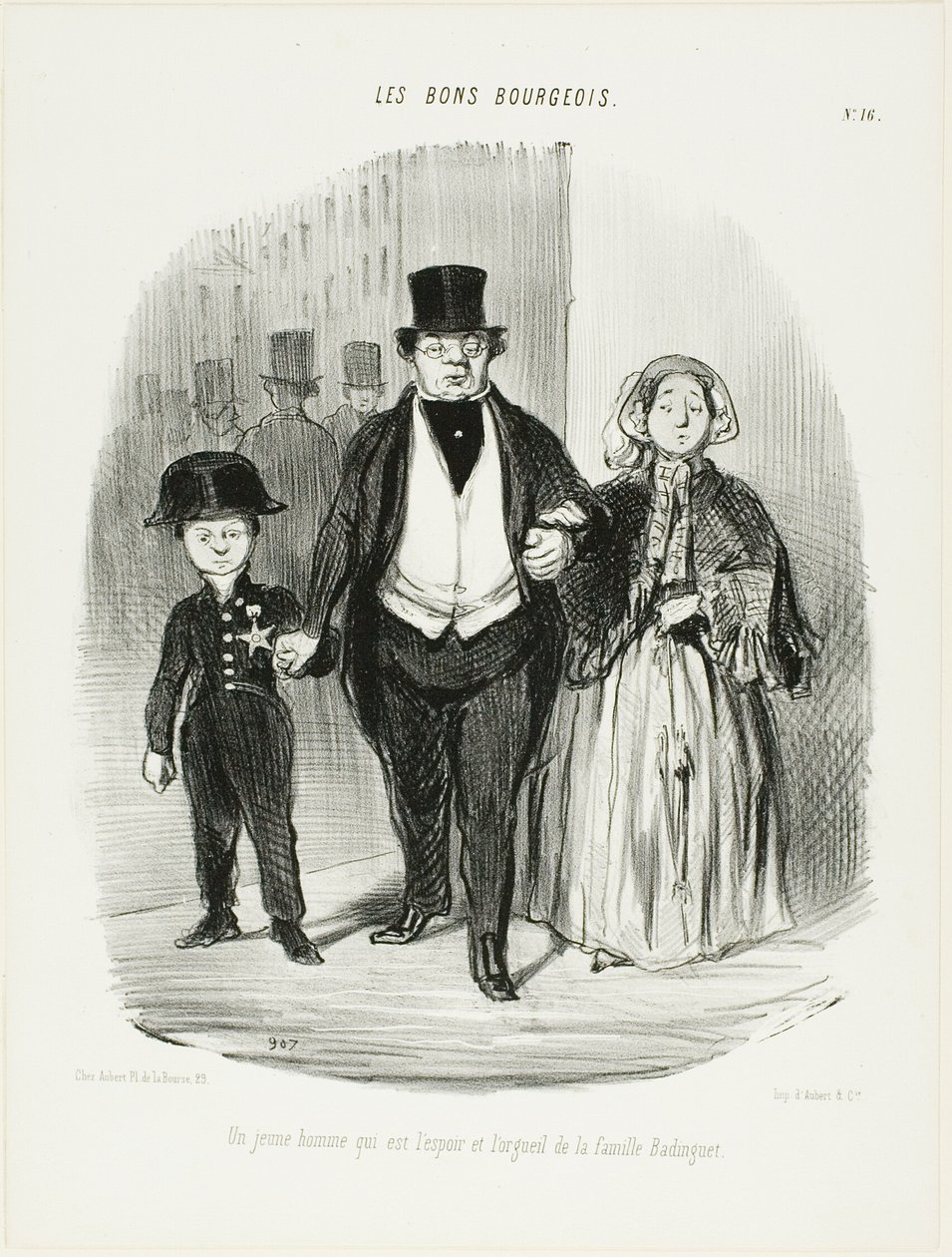 Um jovem que é o orgulho e a esperança da família Badinguet, placa 16 de Les Bons Bourgeois de Honoré Victorin Daumier