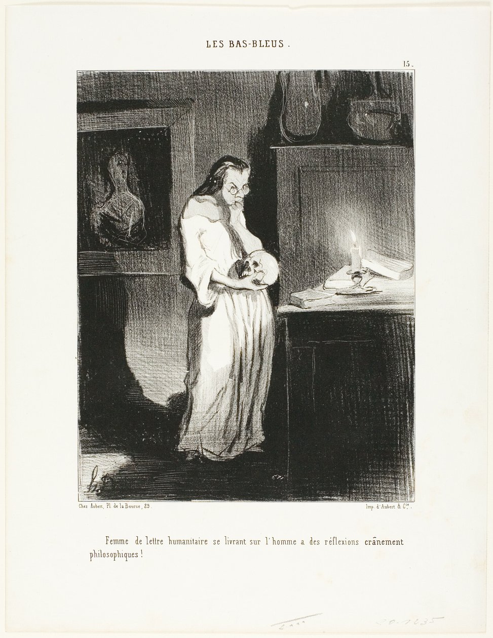Uma mulher humanista de letras abandonando-se às reflexões filosóficas cerebrais sobre o tema do homem!, placa 15 de Les Bas-Bleus de Honoré Victorin Daumier