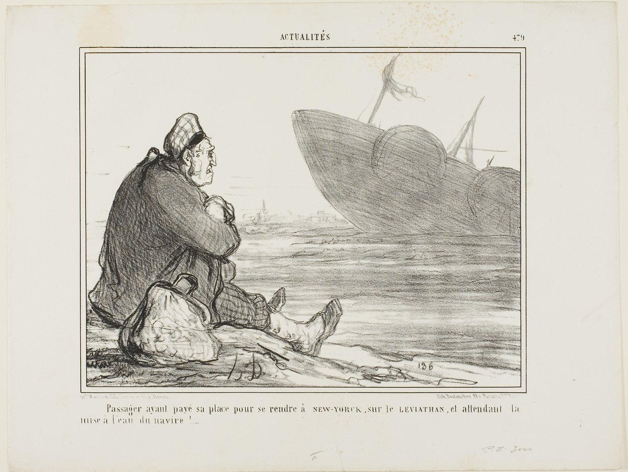 Um passageiro, depois de ter pago o seu bilhete para NOVA IORQUE no LEVIATHAN, espera que o navio seja finalmente lançado à água, chapa 479 de Actualités de Honoré Victorin Daumier