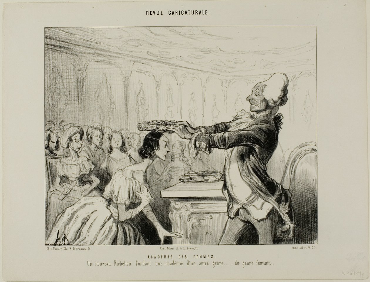 Academia das Mulheres. Um novo Richelieu, fundando uma nova Academia de um género diferente.... do género feminino, placa 33 da Revue Caricatureale de Honoré Victorin Daumier