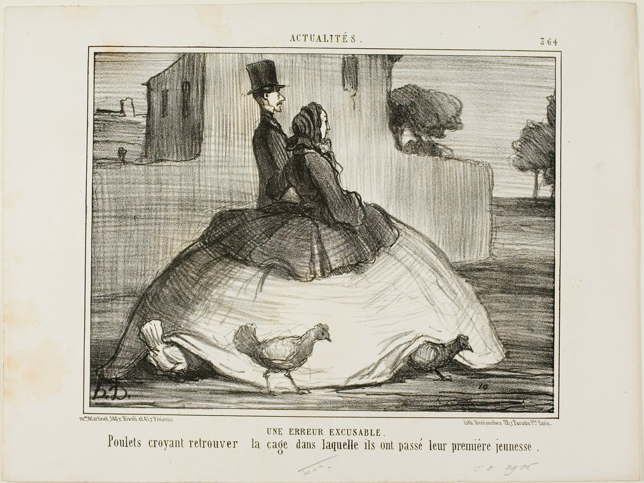 Um erro desculpável. Galinhas que pensam ter encontrado a gaiola onde passaram a sua primeira infância, placa 21 de La Crinolomanie de Honoré Victorin Daumier
