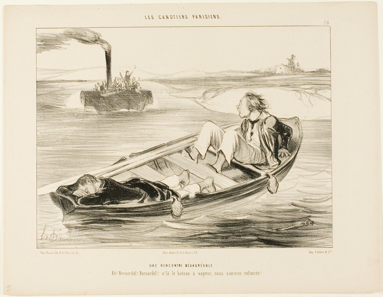 Um encontro desagradável. "Bernardel, Bernardel! Aí vem o vapor... vamos afundar-nos!", placa 16 de Les Canotiers Parisiens de Honoré Victorin Daumier