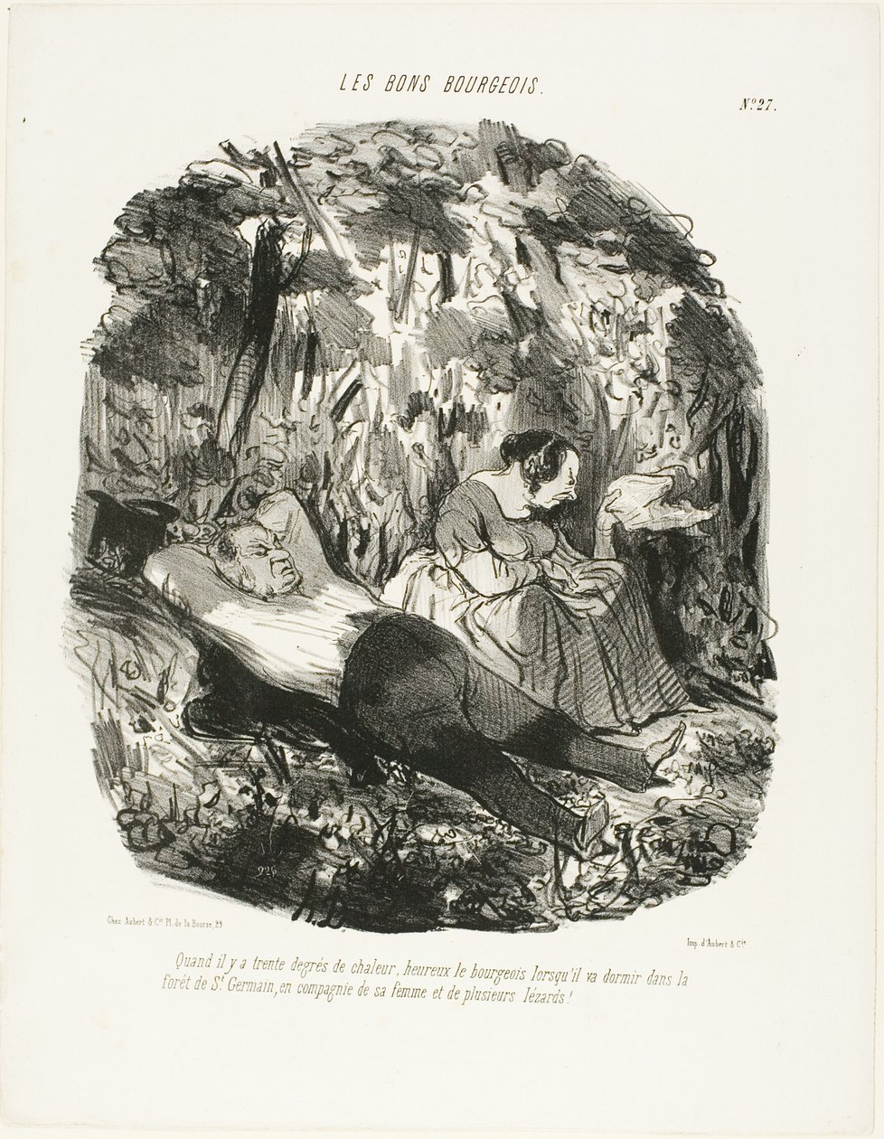 A 30°C, feliz daquele que consegue escapar e dormir a sesta na floresta de Saint-Germain acompanhado da sua mulher e de alguns lagartos, placa 27 de Les Bons Bourgeois de Honoré Victorin Daumier