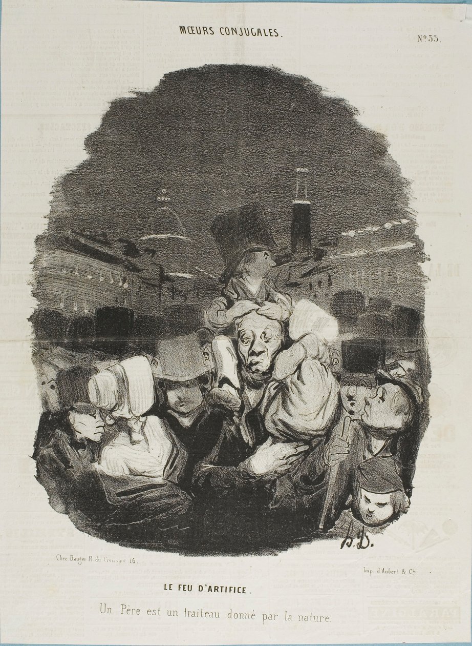 No espetáculo de fogo de artifício. Um pai é um cavalo de tração, fornecido pela natureza, placa 33 de Moeurs Conjugales e placa 14 em Actualités de Honoré Victorin Daumier