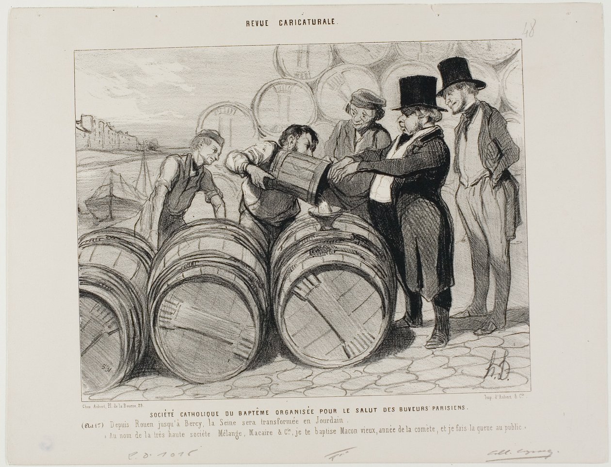Estabelecida uma sociedade católica de batismo para todos os bêbados de Paris. (Artigo 1) De Rouen a Bercy, o Sena transformar-se-á no rio Jordão. "Em nome da grande sociedade Mélange, Macaire  Co. batizo-vos "velho Macon", grand cru do de Honoré Victorin Daumier