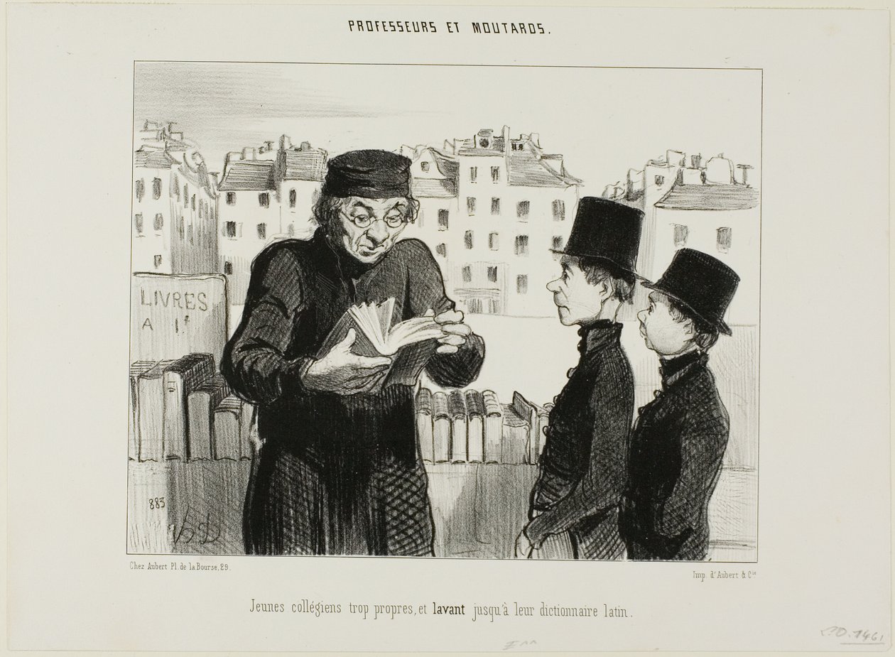 Jovens estudantes do liceu limpos, tentam mesmo vender o seu dicionário de latim, placa 24 de Professeurs et Moutards (Professores e Malandros) de Honoré Victorin Daumier